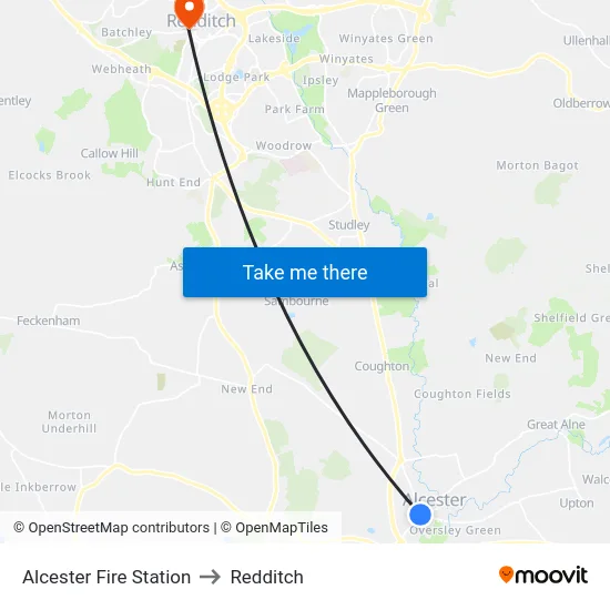 Alcester to Redditch map
