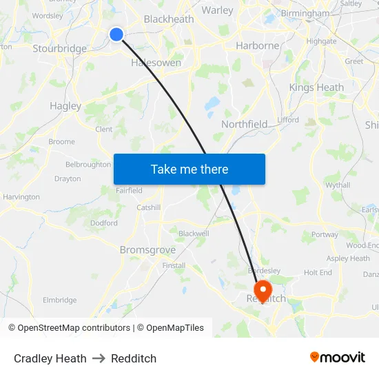 Cradley Heath to Redditch map