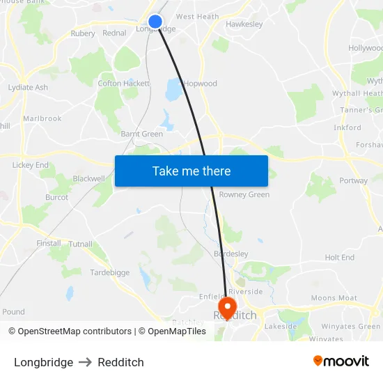 Longbridge to Redditch map