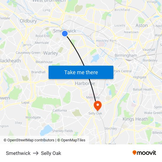 Smethwick to Selly Oak map