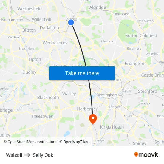 Walsall to Selly Oak map