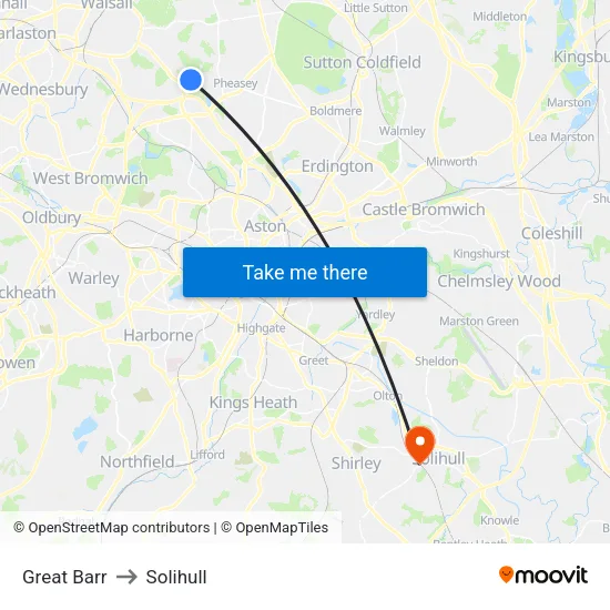 Great Barr to Solihull map