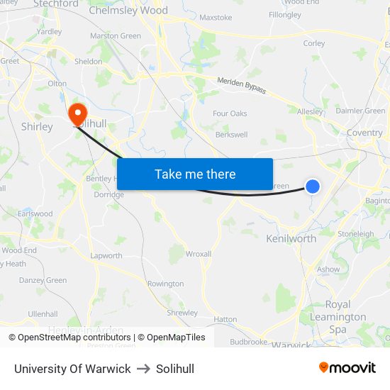 University Of Warwick to Solihull map