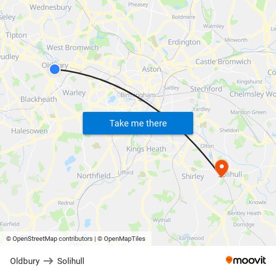 Oldbury to Solihull map