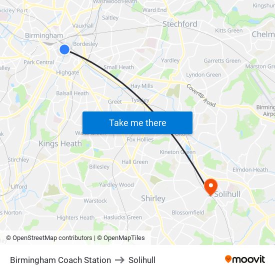 Birmingham Coach Station to Solihull map