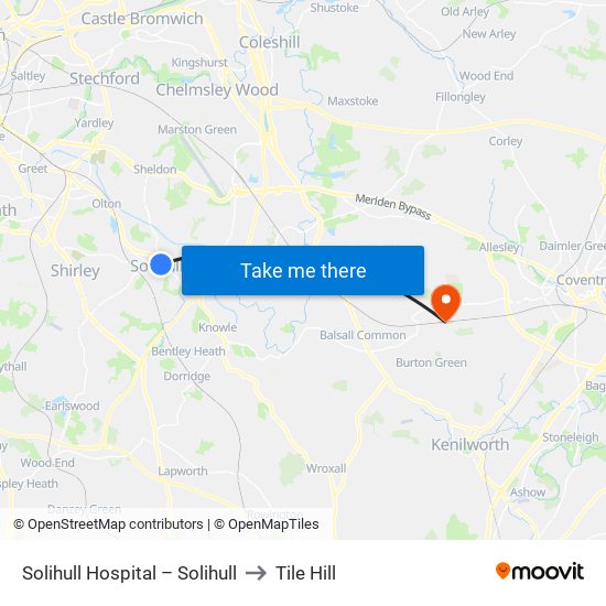 Solihull Hospital – Solihull to Tile Hill map