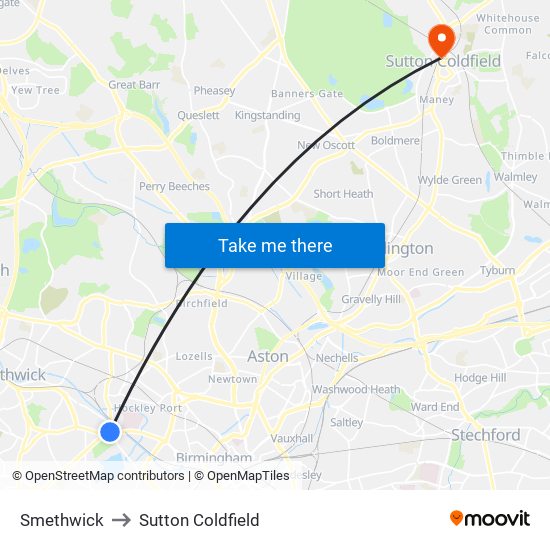 Smethwick to Sutton Coldfield map