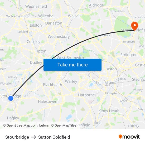 Stourbridge to Sutton Coldfield map