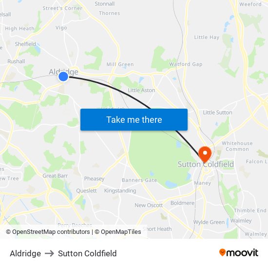 Aldridge to Sutton Coldfield map