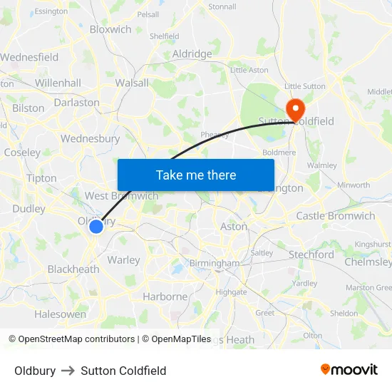 Oldbury to Sutton Coldfield map