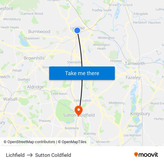 Lichfield to Sutton Coldfield map