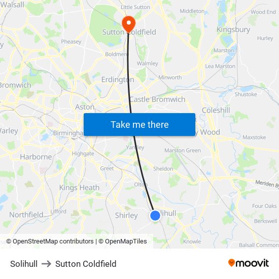 Solihull to Sutton Coldfield map