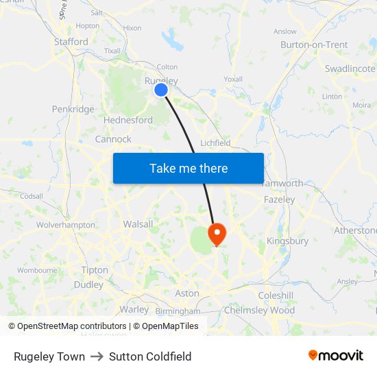 Rugeley Town to Sutton Coldfield map