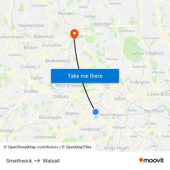 Smethwick to Walsall map