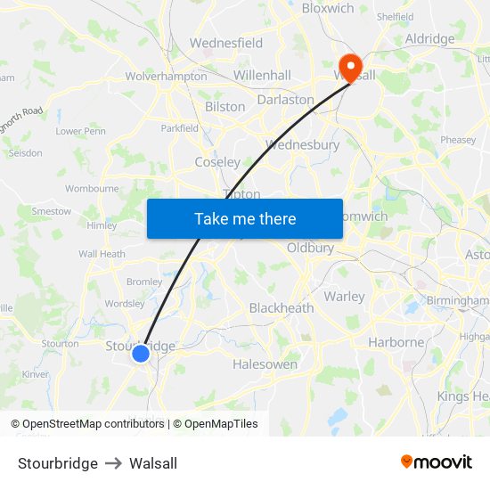 Stourbridge to Walsall map