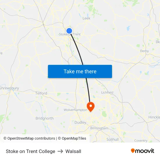 Stoke On Trent College to Walsall map