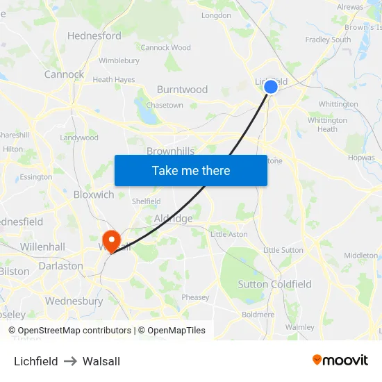 Lichfield to Walsall map