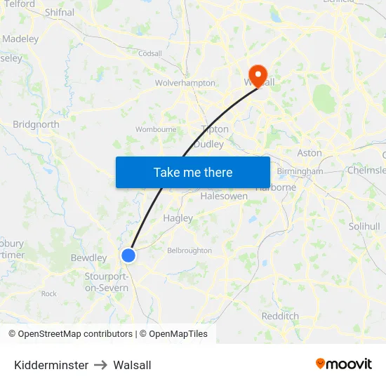 Kidderminster to Walsall map