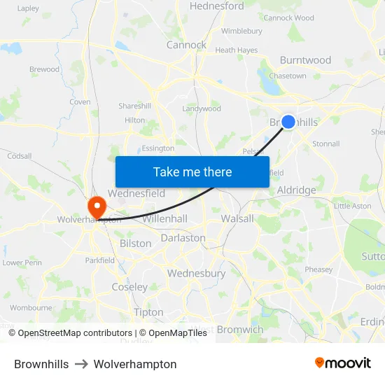 Brownhills to Wolverhampton map