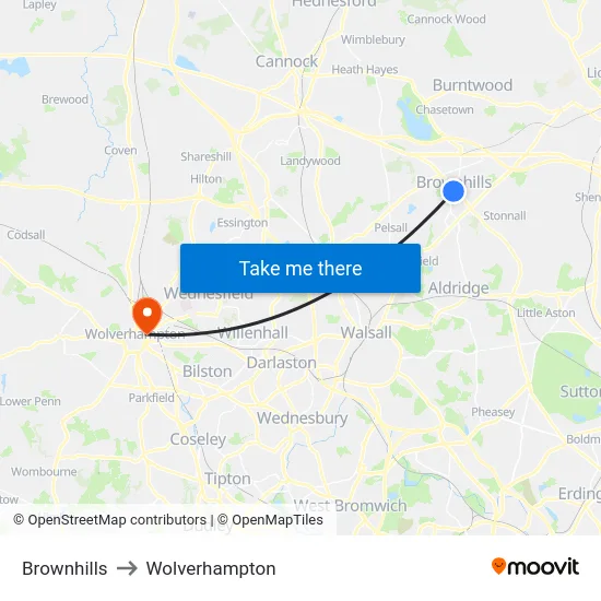 Brownhills to Wolverhampton map
