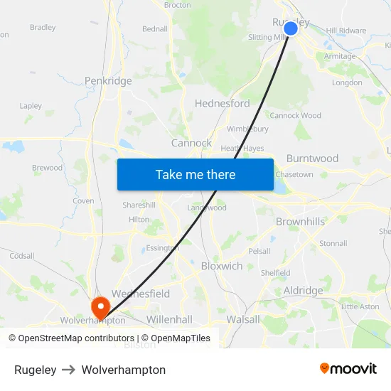 Rugeley to Wolverhampton map