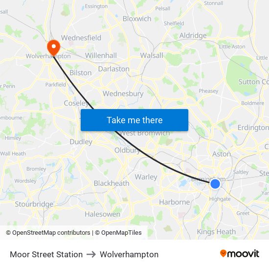 Moor Street Station to Wolverhampton map