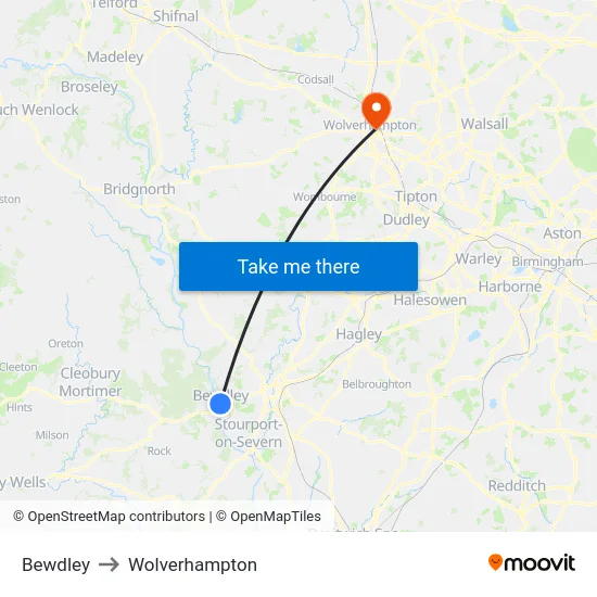 Bewdley to Wolverhampton map