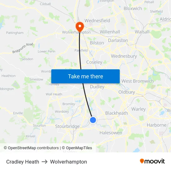 Cradley Heath to Wolverhampton map