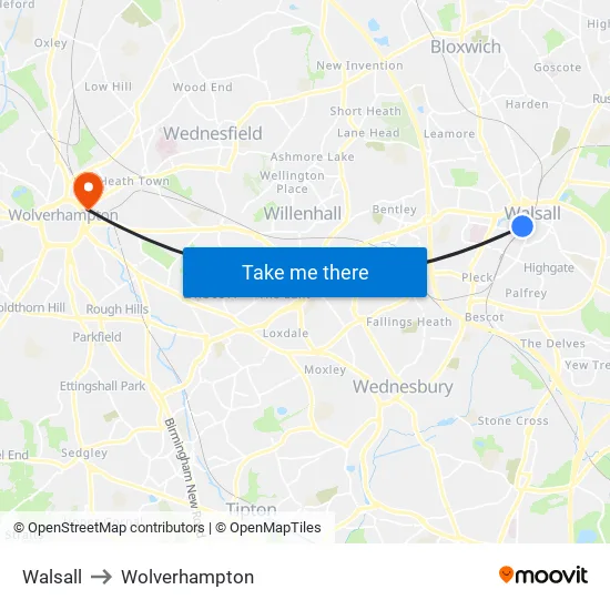 Walsall to Wolverhampton map