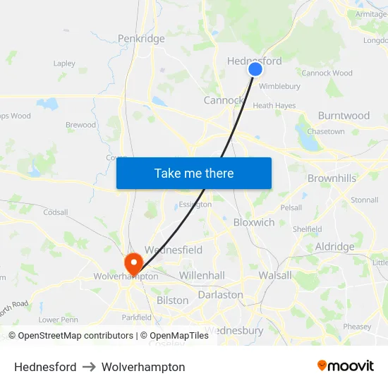 Hednesford to Wolverhampton map