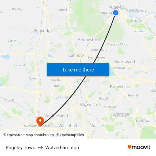 Rugeley Town to Wolverhampton map