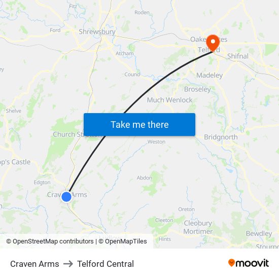 Craven Arms to Telford Central map