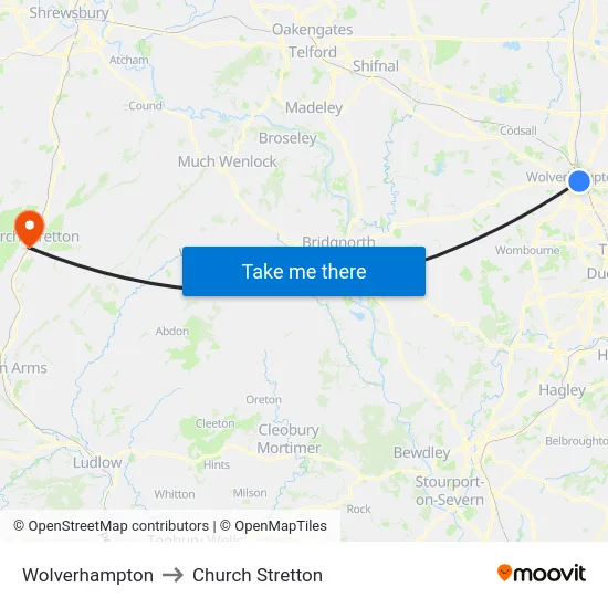 Wolverhampton to Church Stretton map