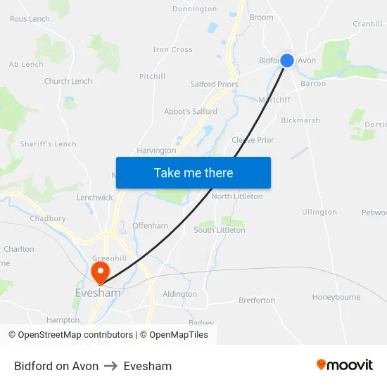Bidford on Avon to Evesham map