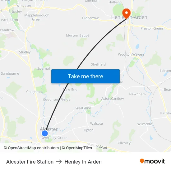 Alcester to Henley-In-Arden map