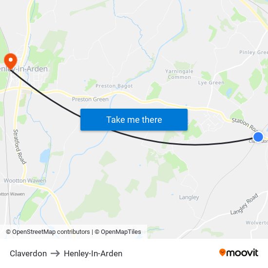 Claverdon to Henley-In-Arden map