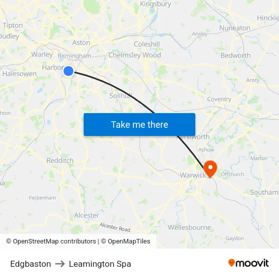 Edgbaston to Leamington Spa map