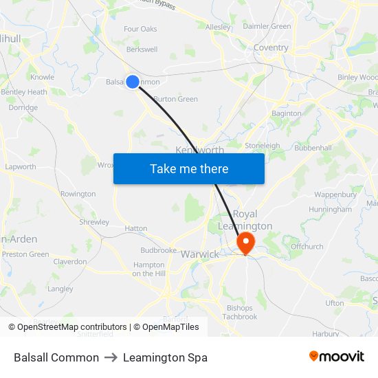 Balsall Common to Leamington Spa map