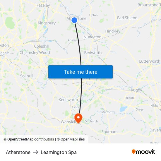 Atherstone to Leamington Spa map