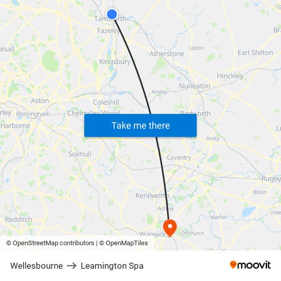 Wellesbourne to Leamington Spa map