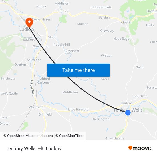 Tenbury Wells to Ludlow map