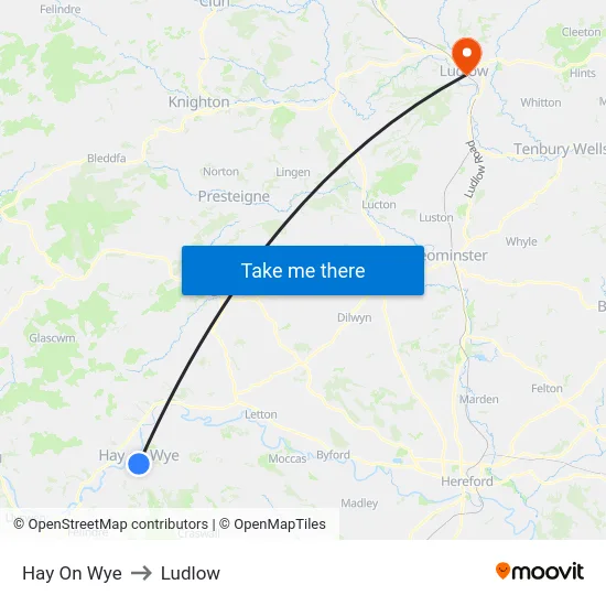 Hay On Wye to Ludlow map