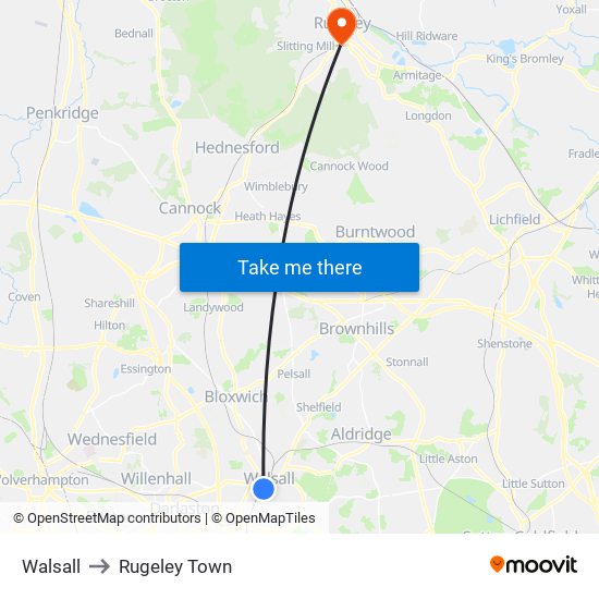 Walsall to Rugeley Town map