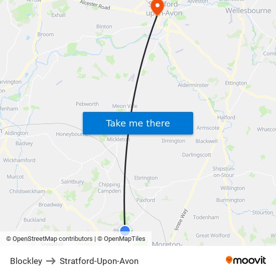 Blockley to Stratford-Upon-Avon map