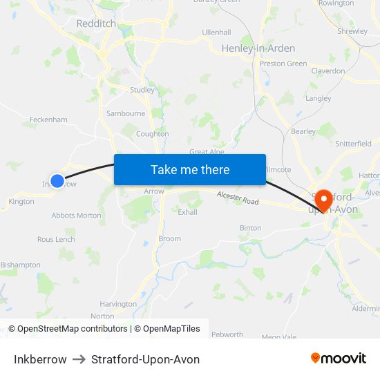 Inkberrow to Stratford-Upon-Avon map