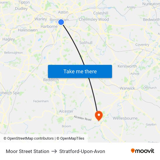 Moor Street Station to Stratford-Upon-Avon map