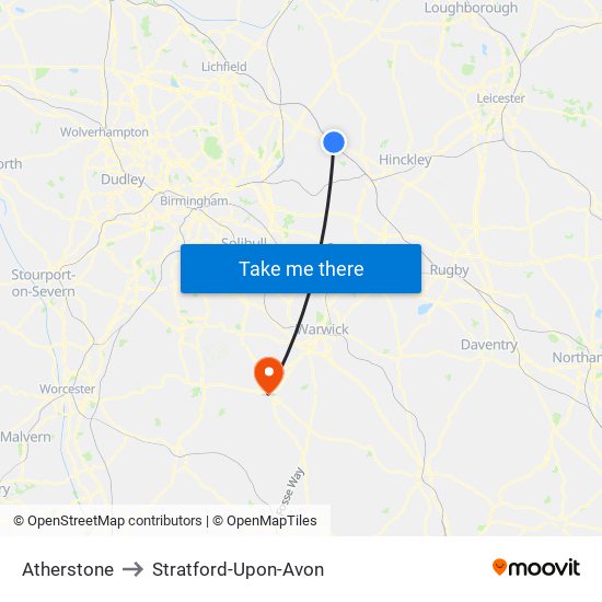 Atherstone to Stratford-Upon-Avon map