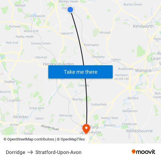 Dorridge to Stratford-Upon-Avon map