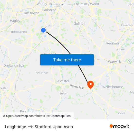 Longbridge to Stratford-Upon-Avon map