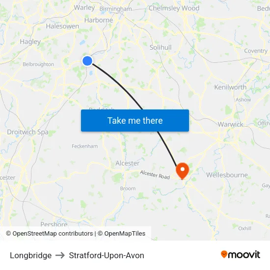 Longbridge to Stratford-Upon-Avon map
